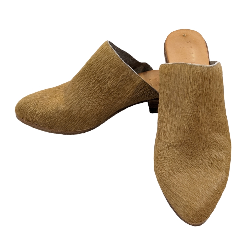 Sevilla Smith The Liz handmade tan calf hair leather mules slip-on shoes